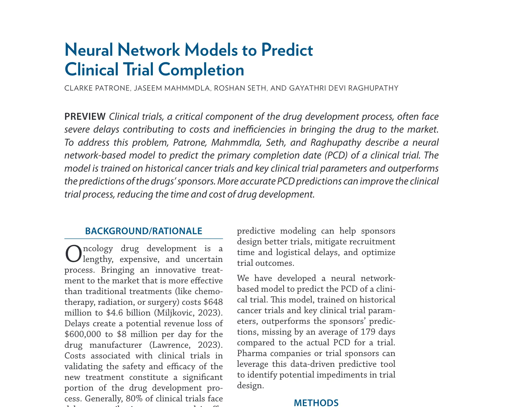 Neural Network Models to Predict Clinical Trial Completion